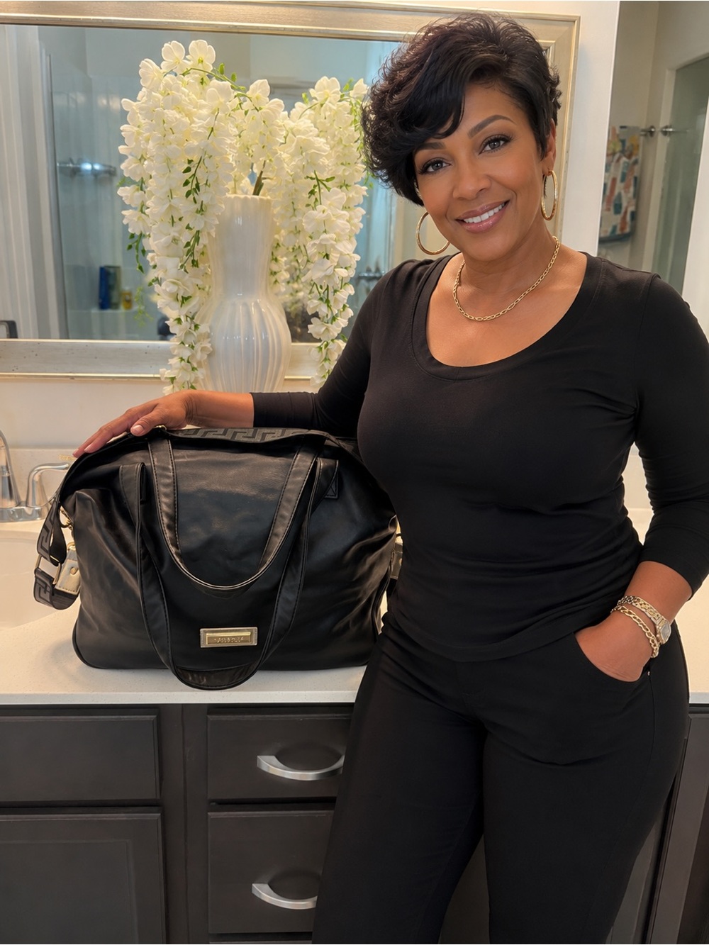 Versace Parfums Black Tote Bag Gold Accent Tote w/Adjustable Strap EUC
